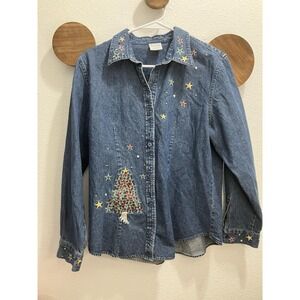 Westbound Women's Denim Ugly Christmas Button Up Shirt Size Large Session Tree